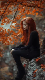 Red haired woman on autumn cliff in moody soft light.
