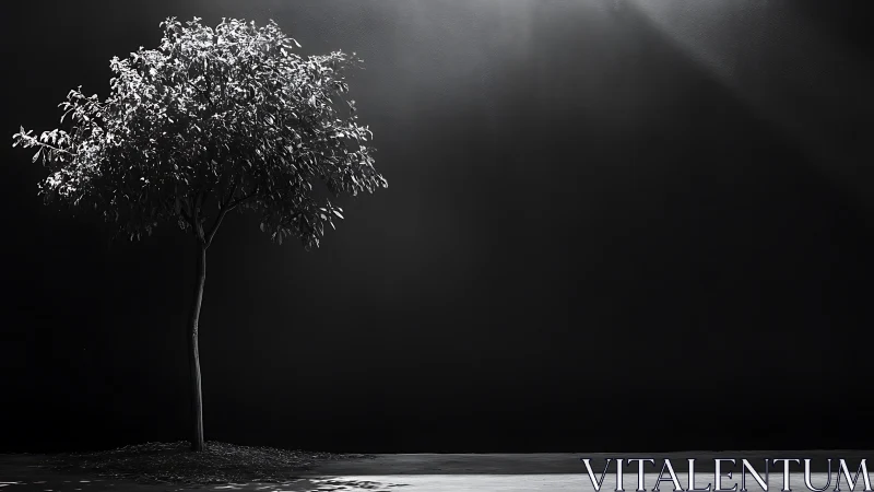 Solitary tree in hard side light against dark backdrop.