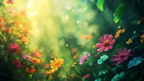 Soft-focus garden scene displays layered flowers with depth-of-field bloom arrangement