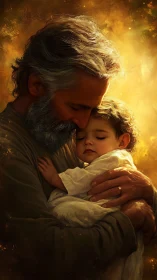 Older man holding sleeping child against warm glowing light