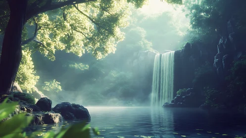 Ethereal Waterfall in Ancient Forest Ravine with Cascading Light