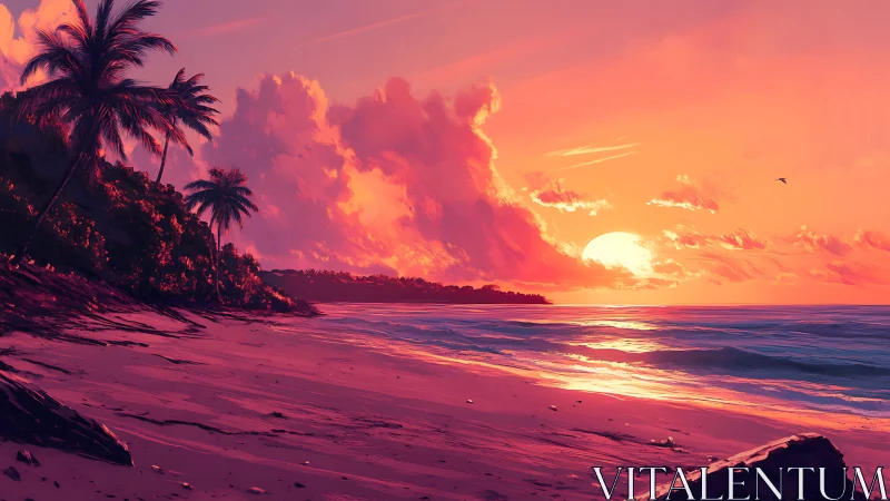 Warm tropical sunset glow over a peaceful palm-lined shore.