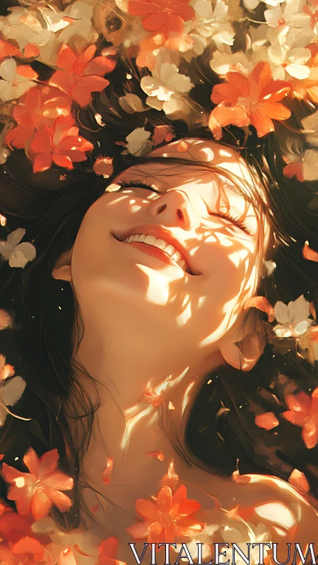 Woman’s face under dappled light amid orange flower petals.