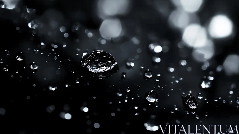 Macro water droplets in monochrome with bokeh highlights.