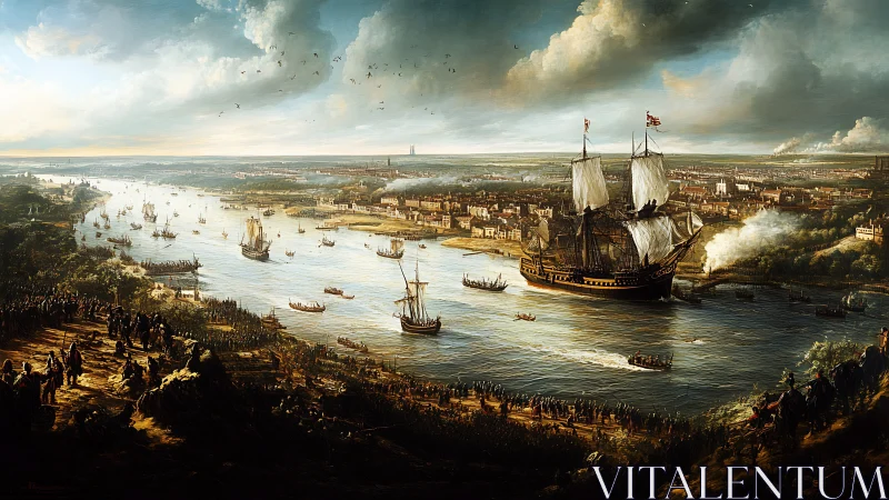 Historic river harbor with warship and gathered observers.