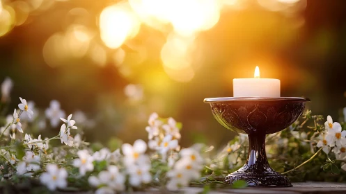 Sunset hush crowns a single candle in blooming stillness