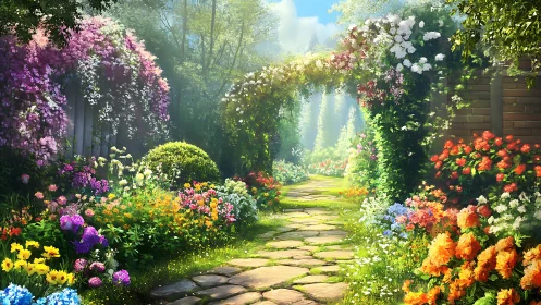 Sunlit stone path winds through lush enchanted flower garden