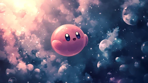 Smiling pink space wanderer drifting through dreamy stars.