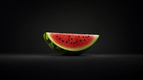 Watermelon slice on dark background with studio lighting.