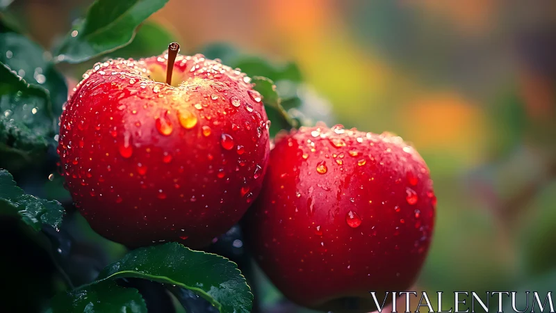 Rain-kissed red apples rendered in high-saturation macro realism