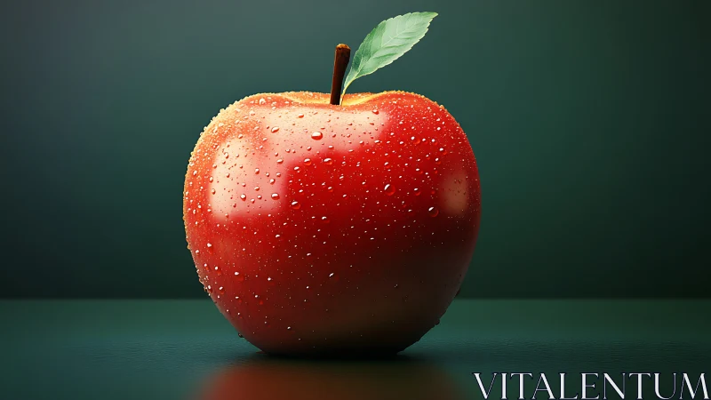 Hyperreal red apple with surface condensation on dark ground