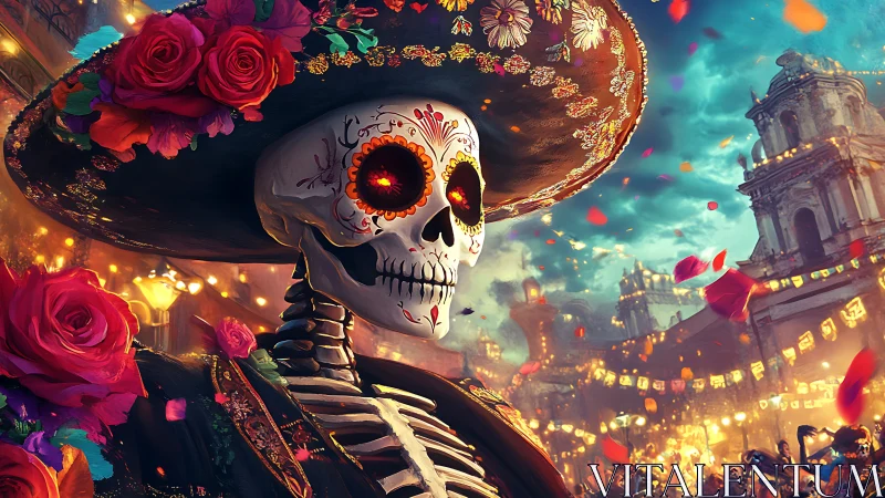 Catrina skeleton portrait in ornate sombrero at D&iacute;a de Muertos