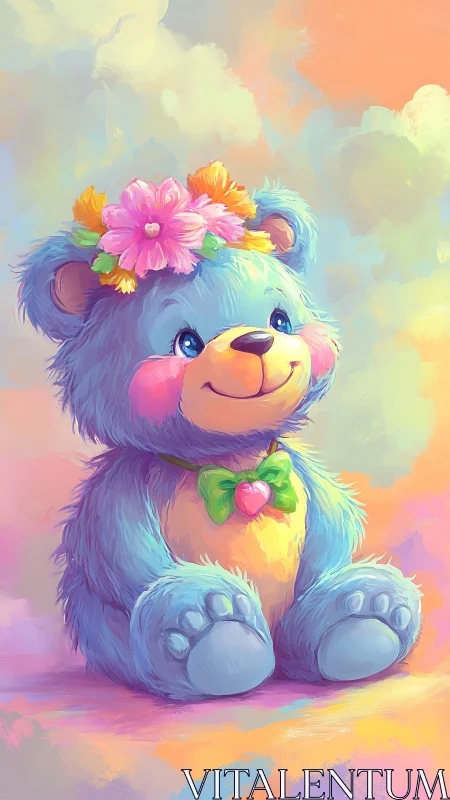Blue plush bear smiles under pastel sky with floral crown