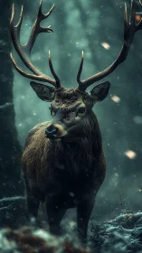 Stag stands in snowy forest under diffuse teal winter light
