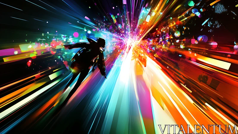 Silhouetted figure within multicolored radial motion field.