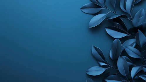 Monochrome blue leaves rest calmly on a minimalist backdrop