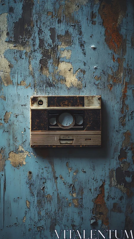Vintage intercom on distressed teal rusted metal wall.