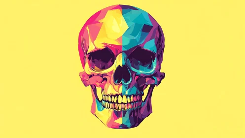 Polygonal human skull illustration on flat yellow background.