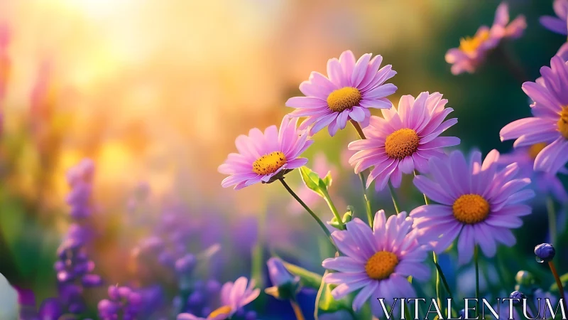 Pink daisies photographed with shallow depth of field during golden hour lighting conditions.