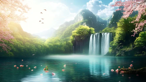 Luminous mountain waterfall lagoon with drifting cherry petals.