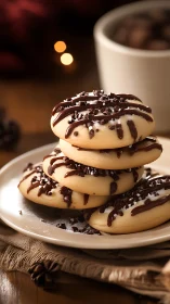 Cozy stack of chocolate-drizzled butter cookies on plate.