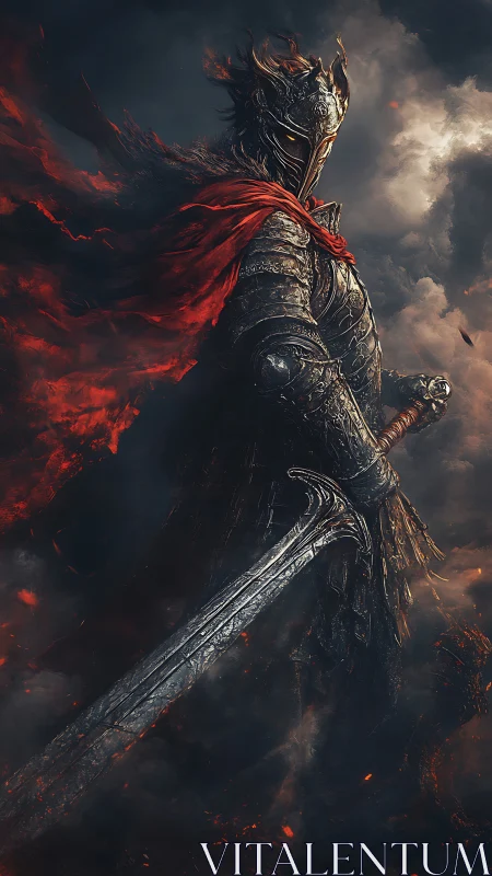 Armored dark knight with flaming red cape stands poised.