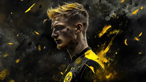 Male footballer portrait with abstract yellow fragments.