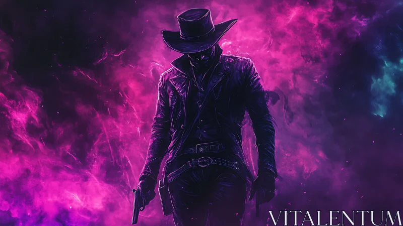 Neon-lit gunslinger silhouette in vivid cosmic mist.