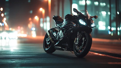 Midnight superbike prowls neon city streets in chrome hush.