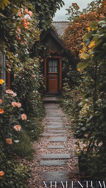 Narrow stone path leading to secluded cottage door.