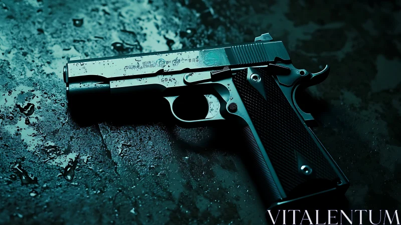 Wet metal handgun rendered in cinematic teal side lighting