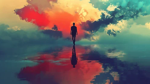 Silhouette on reflective water beneath multicolored clouds.