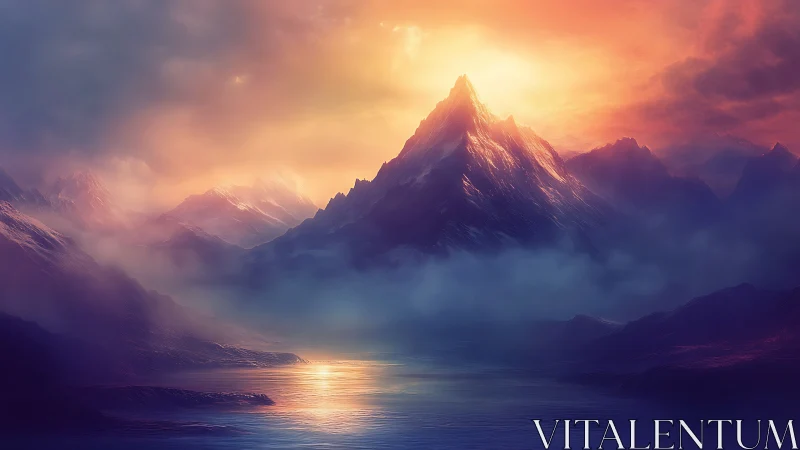 Radiant sunrise crowns a misty mountain over tranquil lake