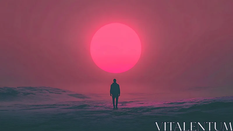 Digital painting of lone figure before oversized neon sunscape.