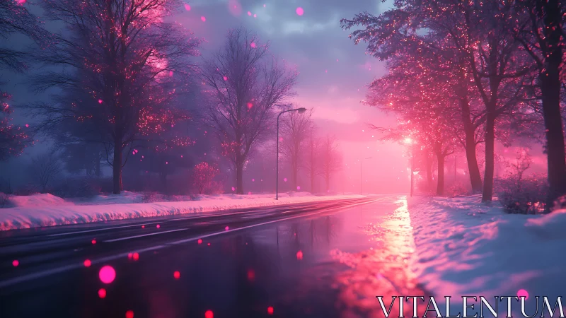 Neon dusk illuminates a snowy avenue in cinematic perspective