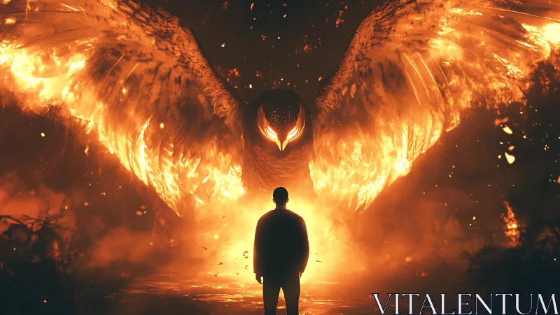 Digital painting of fiery winged entity confronting lone figure.