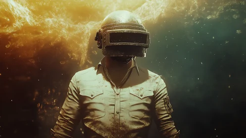 Armored battleground soldier under burning golden sky.