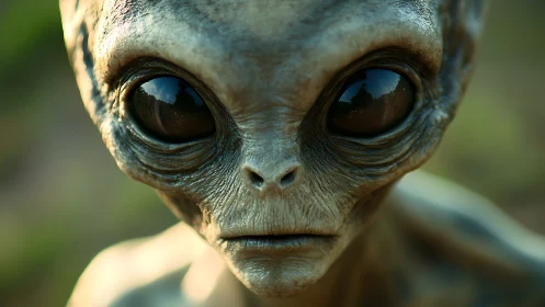 Photorealistic alien portrait with reflective black eyes.