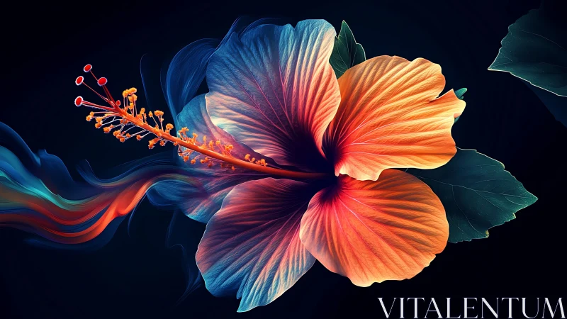 Neon hibiscus macro rendered in high-contrast digital painting