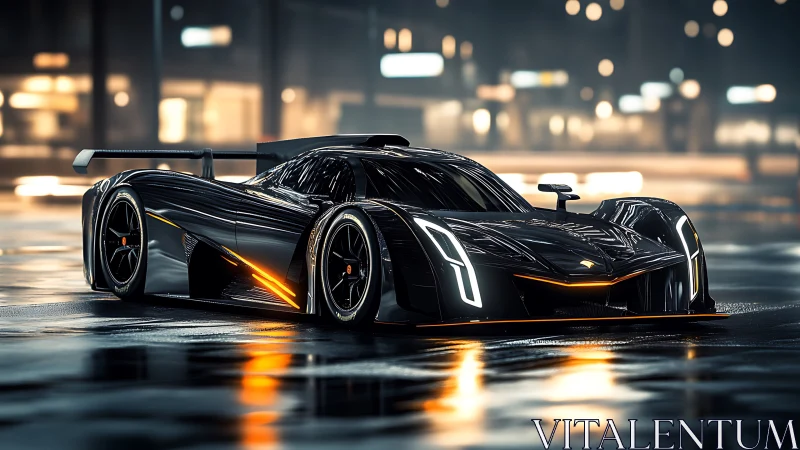 Futuristic hypercar on wet neon street with cinematic lighting.