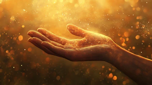 Luminous outstretched hand in volumetric golden particle field.