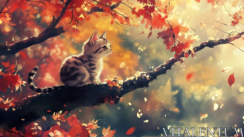 Autumnal feline study on arboreal perch with bokeh diffusion.