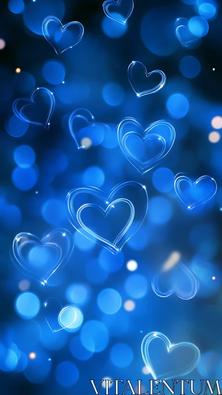 Blue neon heart shapes with bokeh light background composition.