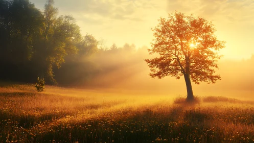 Lone tree catches golden sunrise over misty summer meadow