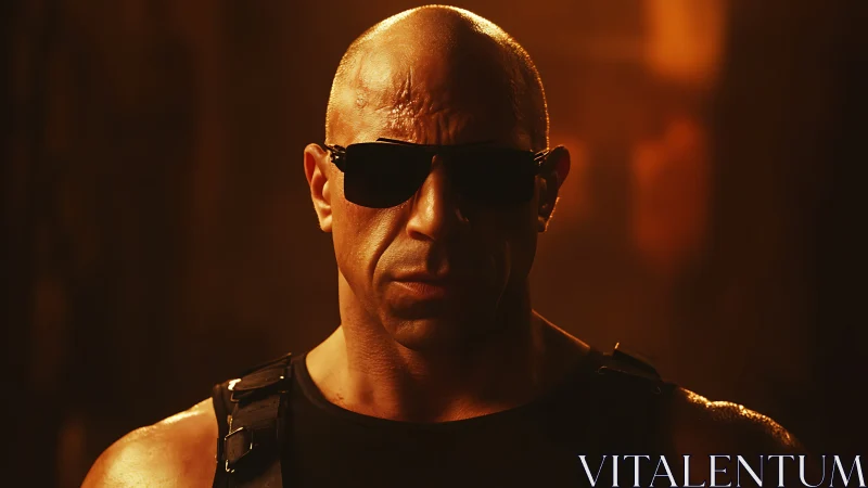Cinematic close-up of muscular man in sunglasses under warm rim lighting