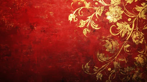 Baroque floral gold ornament on distressed crimson backdrop