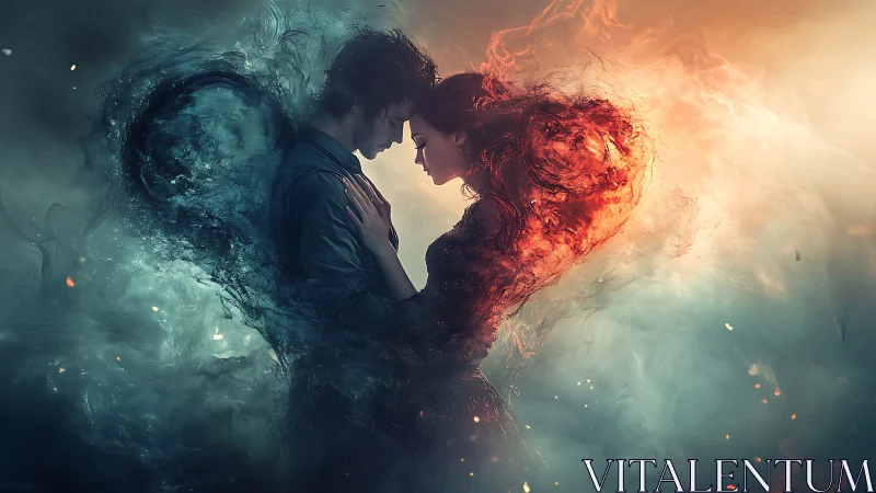 Opposing Elements: Dual Fire and Ice Silhouettes in Ethereal Embrace.