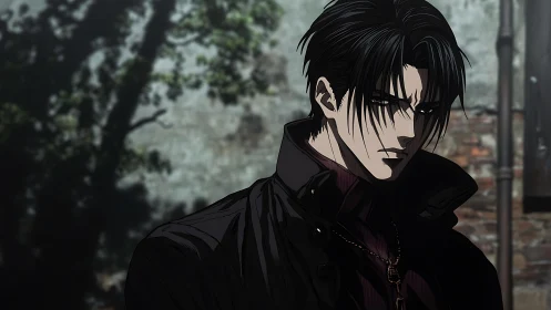 Brooding anime antihero stands in moody urban alleyway