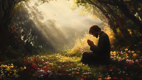 Kneeling figure in luminous woodland clearing, soft backlight.