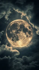 Luminous full moon glows through storm-dark swirling clouds
